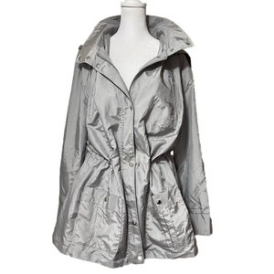 Dressbarn Lightweight Gray Rain Jacket Coat Removable Hood Cinch Waist
